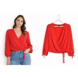Banana Republic Wrap Blouse Top Size Small Tall Red Hearts Puff Sleeve